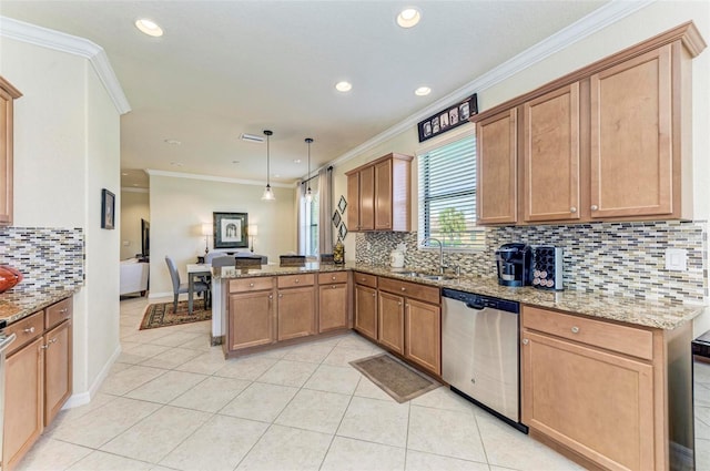 kitchen with kitchen peninsula, light tile patterned floors, pendant lighting, sink, and stainless steel dishwasher