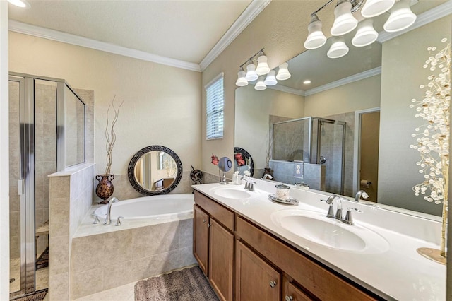 bathroom featuring crown molding, plus walk in shower, and vanity