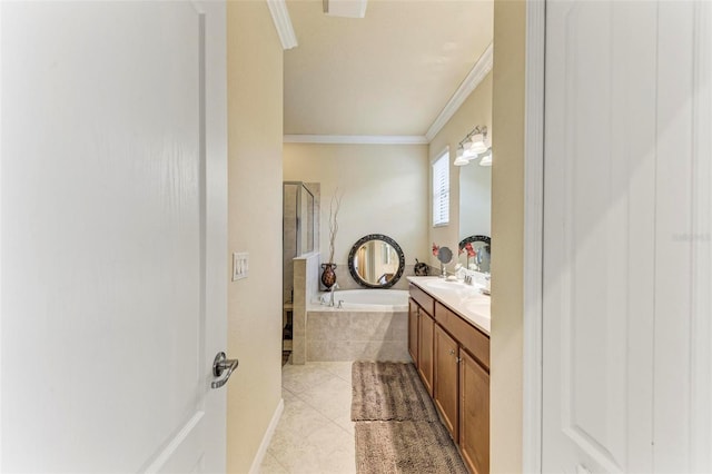 bathroom with vanity, tile patterned flooring, crown molding, and plus walk in shower