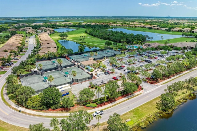 bird's eye view with a water view