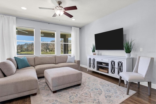 living room with ceiling fan and hardwood / wood-style flooring