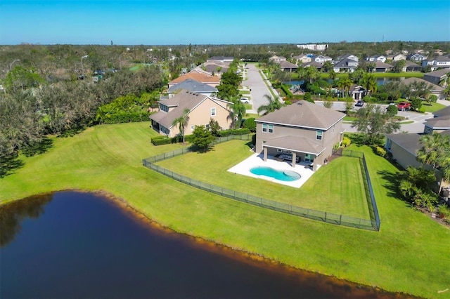 drone / aerial view with a water view