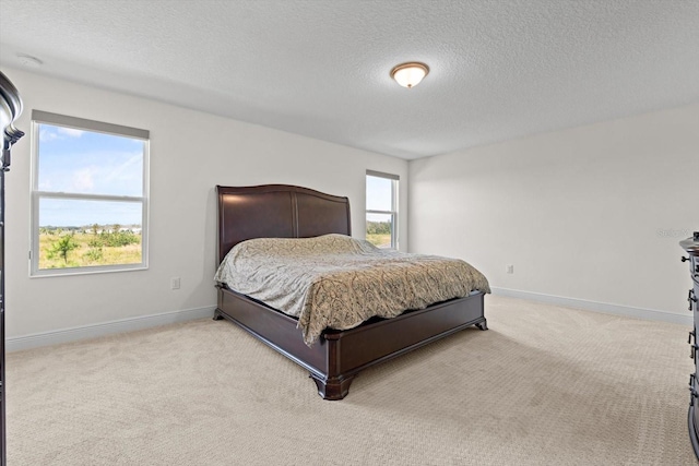 bedroom with light carpet, a textured ceiling, and multiple windows