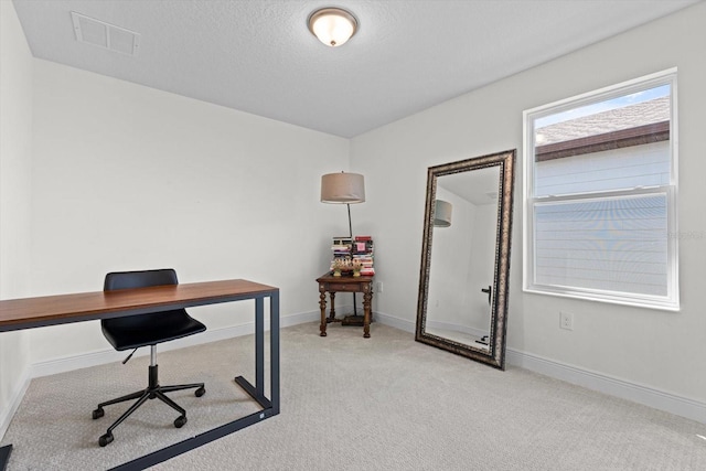 office space featuring light carpet and a textured ceiling