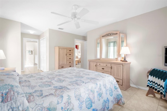 tiled bedroom featuring a closet and ceiling fan