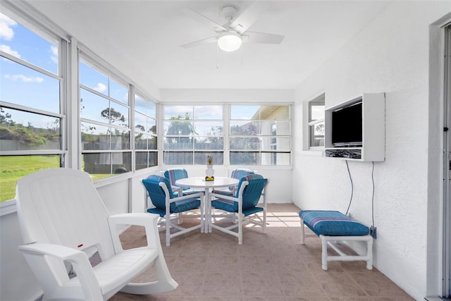 sunroom / solarium featuring ceiling fan