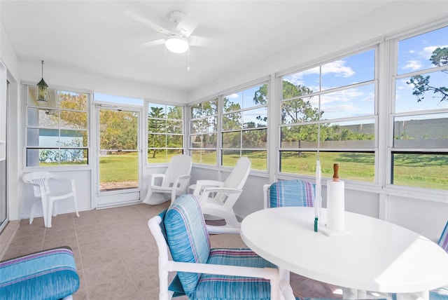 sunroom featuring ceiling fan