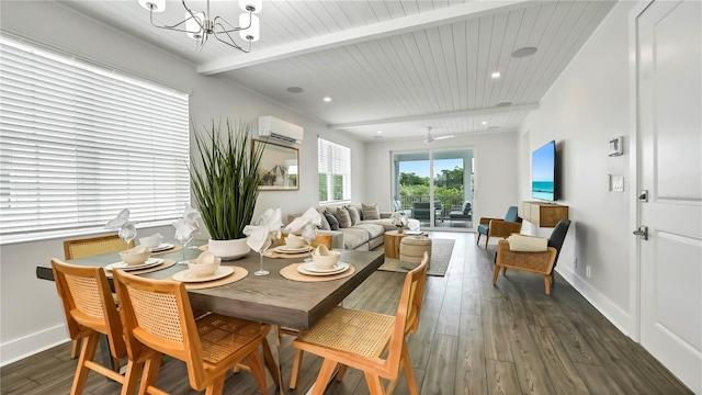 dining space with a wall mounted AC, a notable chandelier, wood ceiling, dark hardwood / wood-style flooring, and beamed ceiling