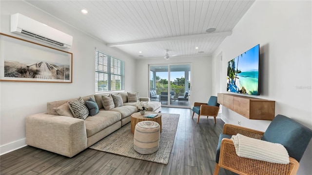 living room with wood ceiling, wood-type flooring, an AC wall unit, ceiling fan, and beam ceiling