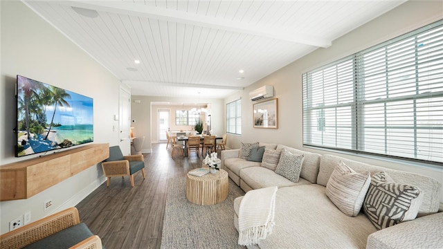 living room featuring an AC wall unit, hardwood / wood-style floors, wooden ceiling, and beamed ceiling