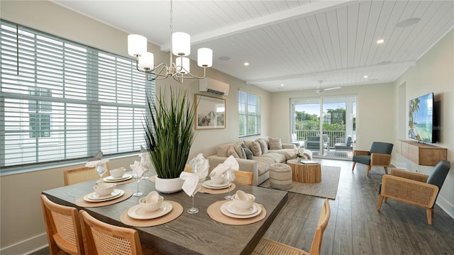 dining area with dark wood-type flooring, an AC wall unit, a chandelier, beam ceiling, and wooden ceiling