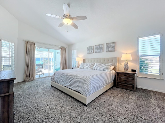 bedroom featuring access to exterior, carpet, a ceiling fan, baseboards, and lofted ceiling