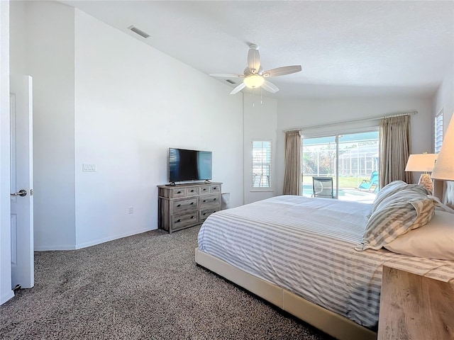 bedroom featuring ceiling fan, carpet, and vaulted ceiling