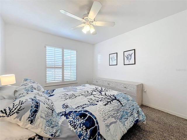 bedroom featuring carpet floors, baseboards, and ceiling fan