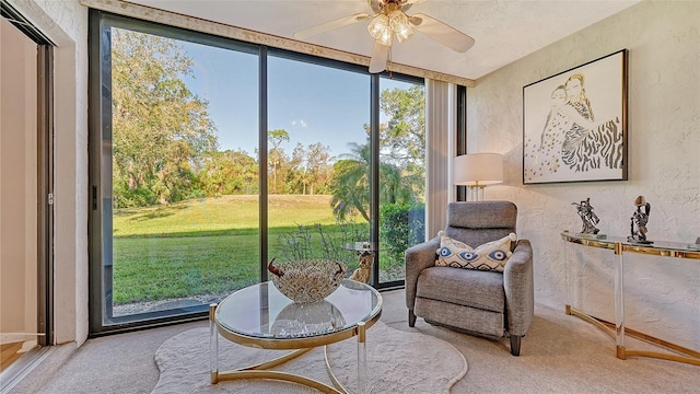 sitting room featuring ceiling fan, carpet flooring, and a wall of windows