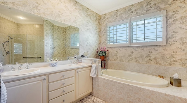 bathroom featuring vanity, crown molding, and independent shower and bath