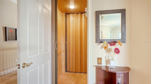 hallway featuring crown molding and light colored carpet