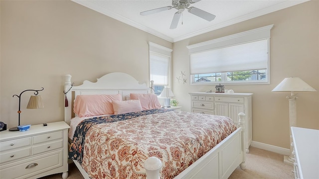 bedroom with crown molding, light carpet, and ceiling fan