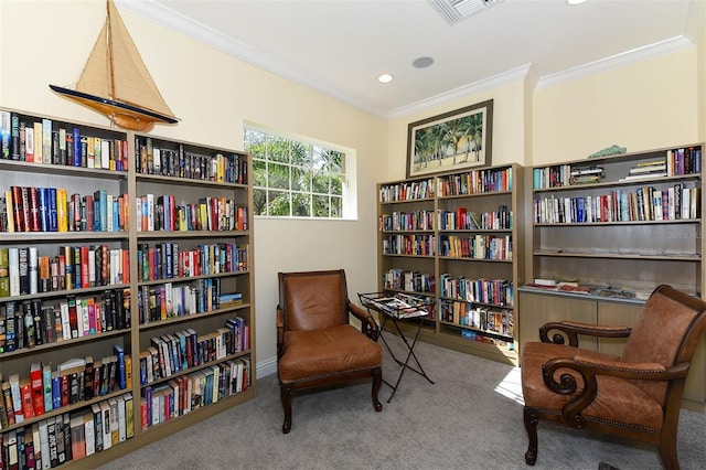 living area with crown molding and carpet floors