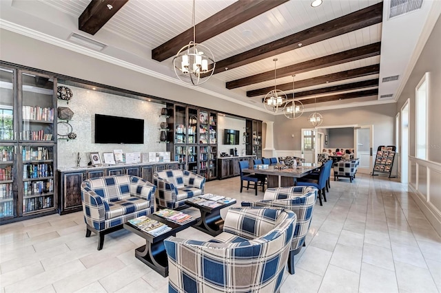 tiled living room featuring ornamental molding, beamed ceiling, and a chandelier