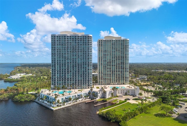 bird's eye view with a water view