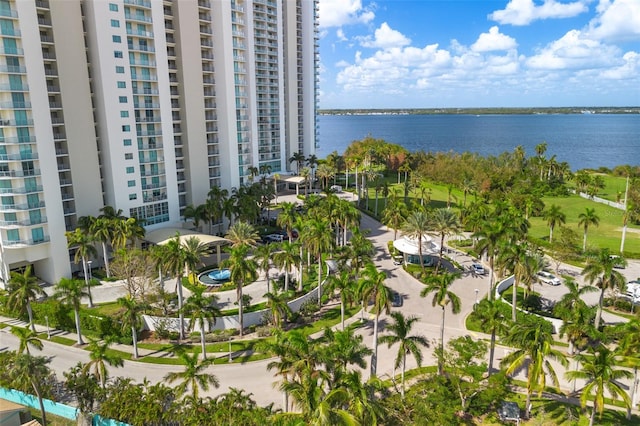 drone / aerial view with a water view