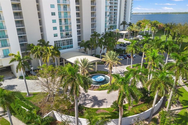 exterior space with a water view