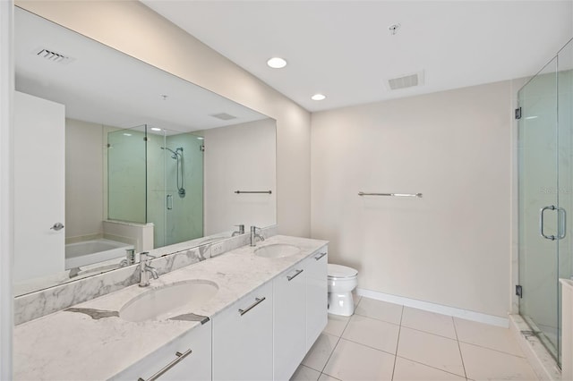 full bathroom with vanity, plus walk in shower, toilet, and tile patterned floors