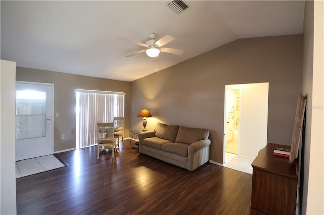 4105 33rd Avenue Dr W Unit 4105, Bradenton, FL 34205 - living area with wood finished floors, a ceiling fan, visible vents, and vaulted ceiling