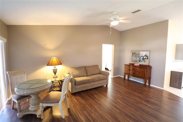4105 33rd Avenue Dr W Unit 4105, Bradenton, FL 34205 - living area featuring visible vents, ceiling fan, baseboards, vaulted ceiling, and wood finished floors