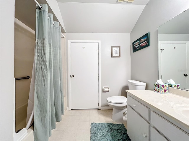 bathroom with toilet, lofted ceiling, a shower with curtain, and vanity