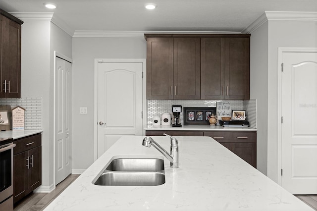 kitchen featuring light stone counters, backsplash, light hardwood / wood-style flooring, dark brown cabinetry, and sink