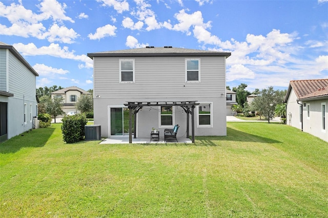 rear view of house with a patio, a pergola, a yard, and central AC unit