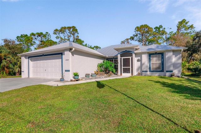 ranch-style house with a garage and a front lawn