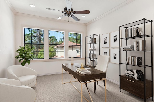 office featuring recessed lighting, crown molding, baseboards, and ceiling fan