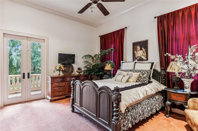 bedroom featuring access to exterior, carpet, french doors, crown molding, and ceiling fan