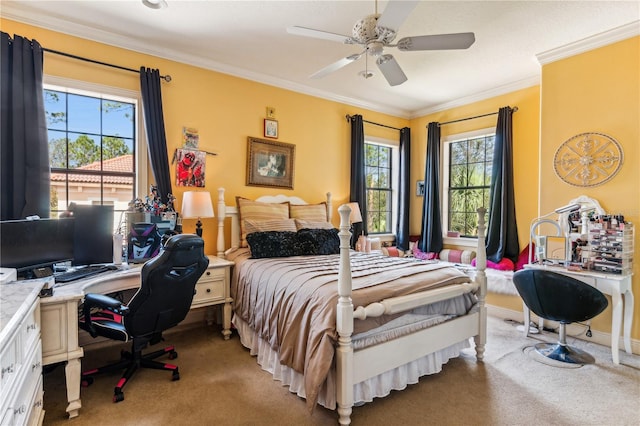 bedroom with multiple windows, carpet flooring, and crown molding