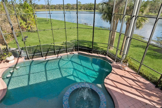 view of pool with glass enclosure, a lawn, and a water view