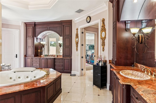 bathroom featuring two vanities, a sink, visible vents, a whirlpool tub, and crown molding