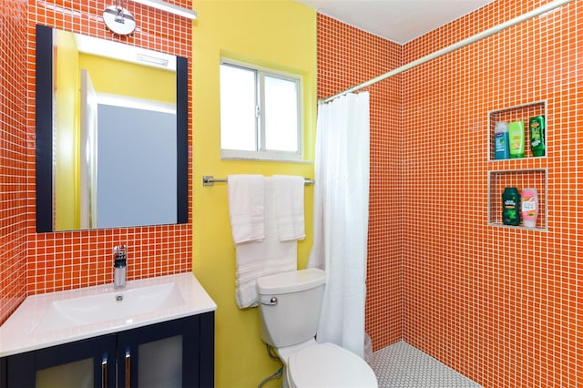 bathroom with decorative backsplash, toilet, vanity, tile walls, and walk in shower