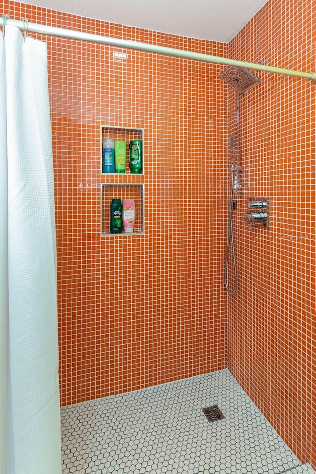 interior space with a shower with shower curtain