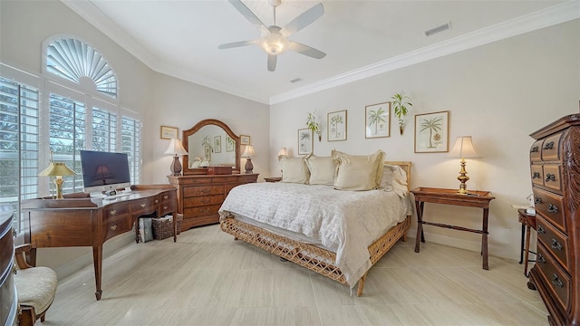 bedroom featuring ornamental molding, a ceiling fan, visible vents, and baseboards