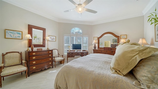 bedroom with ornamental molding, a ceiling fan, and light tile patterned flooring
