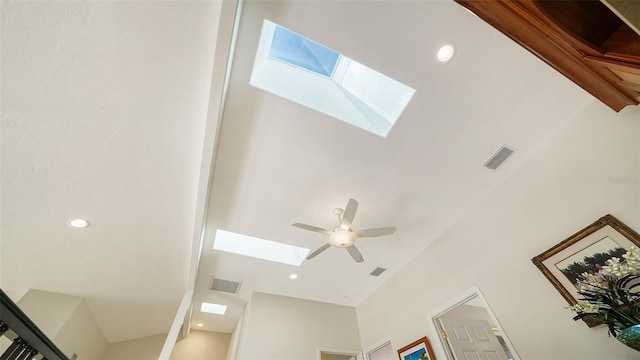 interior details with visible vents, a skylight, and ceiling fan
