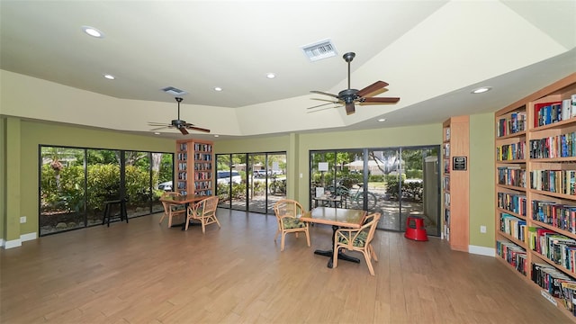 dining room featuring light wood-type flooring and ceiling fan