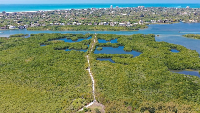aerial view featuring a water view and a view of trees