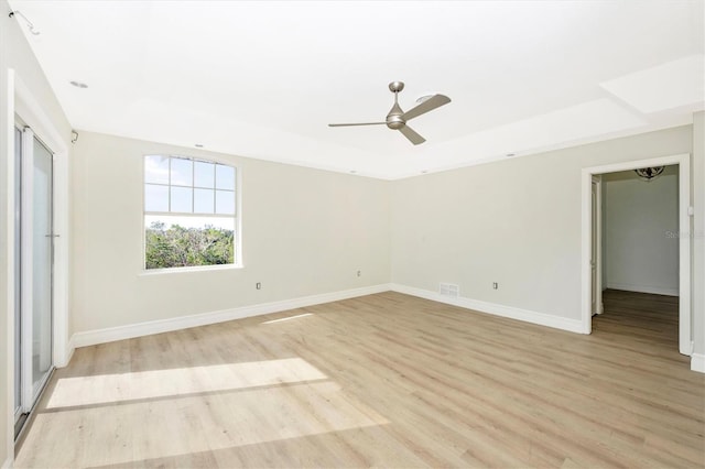 unfurnished bedroom with ceiling fan and light hardwood / wood-style flooring