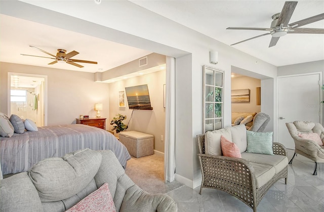 carpeted bedroom featuring ceiling fan