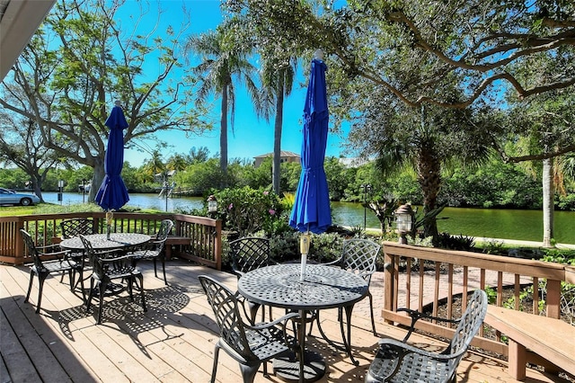 wooden deck featuring a water view