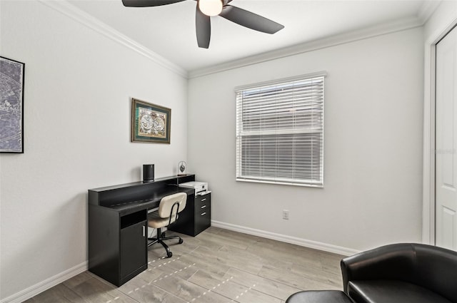 office featuring ornamental molding, light hardwood / wood-style floors, and ceiling fan